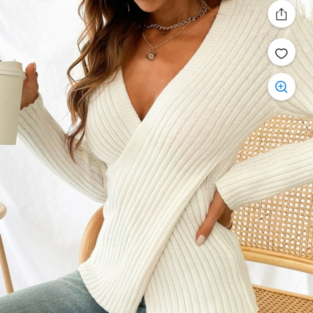 CUPSHE White Stretch Ribbed Wrap Sweater – Size Large